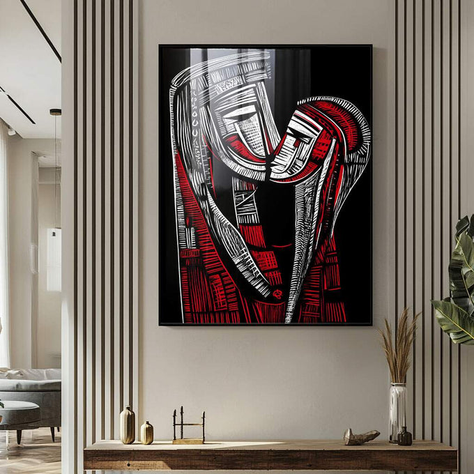 Quadro Decorativo Abraço Emocional Minimalista | quadros decorativos para sala | Sapatos em preto, branco e vermelho com traços expressionistas em composição dinâmica. | Porao dos Quadros
