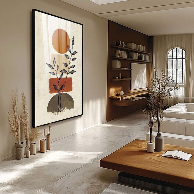 Quadro Decorativo Geometria com Aconchego | quadros decorativos para sala | Planta delicada com folhas em formas geométricas, sol laranja e bases cinza em composição minimalista. | Porao dos Quadros