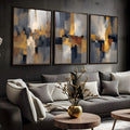 Tríptico abstrato em blocos azul-marinho, cinza, creme, dourado e terracota, quadro decorativo