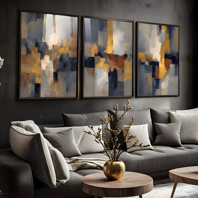 Tríptico abstrato em blocos azul-marinho, cinza, creme, dourado e terracota, quadro decorativo