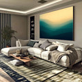 Quadro Decorativo Harmonia Minimalista Serena | quadros decorativos para sala | Montanhas em camadas com tons azuis profundos e céu dourado ao amanhecer, composição minimalista abstrata | Porao dos Quadros