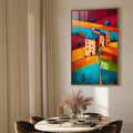 Quadro Decorativo Harmonia Rural Vibrante | quadros decorativos para sala | Casarão rosa em paisagem abstrata com camadas de laranja, azul e vermelho vibrantes | Porao dos Quadros