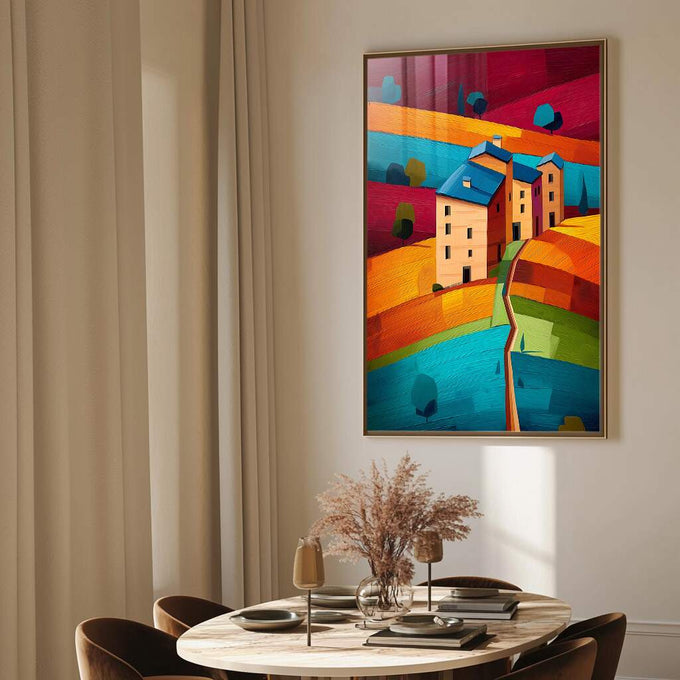 Quadro Decorativo Harmonia Rural Vibrante | quadros decorativos para sala | Casarão rosa em paisagem abstrata com camadas de laranja, azul e vermelho vibrantes | Porao dos Quadros
