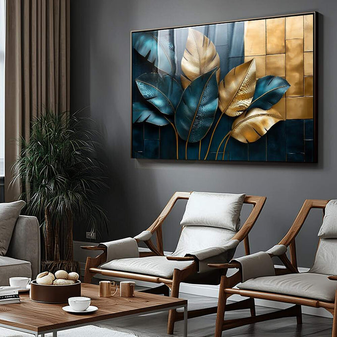 Quadro Decorativo Folhas Douradas e Azuis | quadros decorativos para sala | Folhas douradas e azuis em composição moderna com fundo geométrico luxuoso | Porao dos Quadros