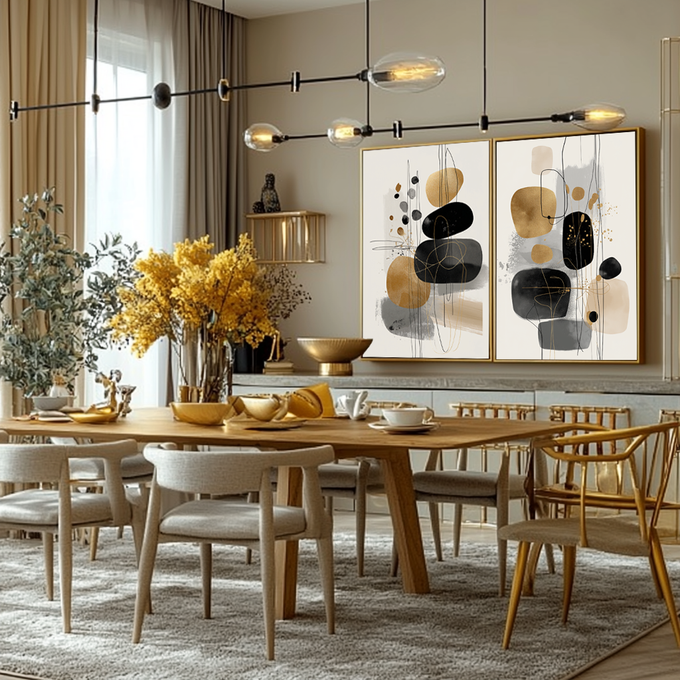 Quadro Decorativo Abstrato Dual Elegante | quadros decorativos para sala | Quadro com formas geométricas abstratas em preto, dourado e branco em composição minimalista equilibrada. | Porao dos Quadros