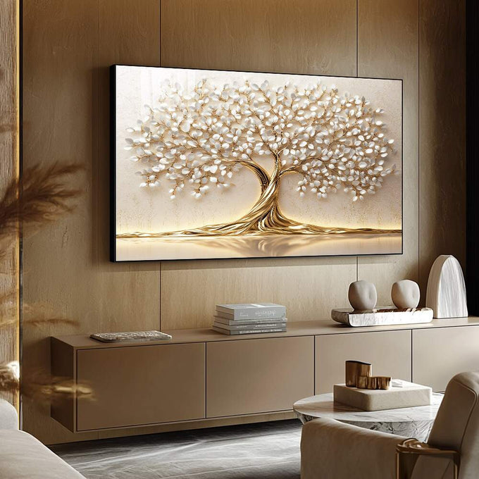 Quadro Decorativo Elegância da Vida Dourada | quadros decorativos para sala | Árvore com tronco dourado retorcido e flores brancas abundantes em composição refinada | Porao dos Quadros