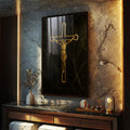 Quadro Decorativo Cristo Dourado em Serenidade | quadros decorativos para sala | Crucifixo dourado em fundo preto com moldura geométrica e acabamento em mármores luxuosos | Porao dos Quadros