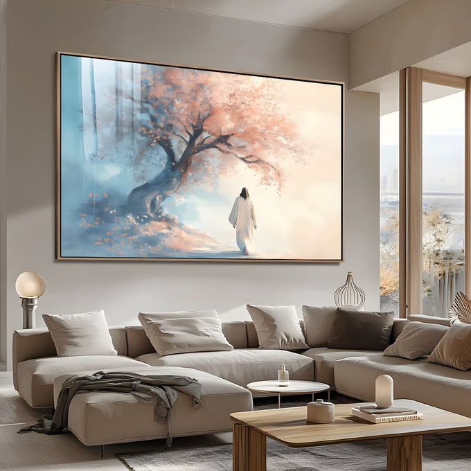 Jesus de túnica branca caminhando rumo à luz sob árvore de flores rosa em tons azuis, quadro decorativo
