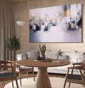 Quadro Decorativo Abstrato Azul e Dourado | quadros decorativos para sala | Composição abstrata geométrica em cinza, azul e dourado com blocos fluidos e luz etérea | Porao dos Quadros