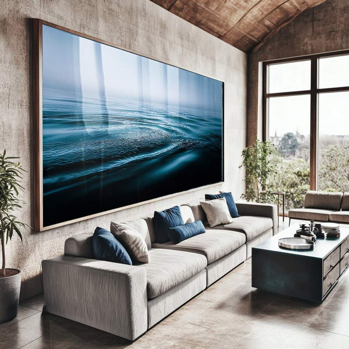 Quadro Decorativo Serenidade Azul do Mar | quadros decorativos para sala | Ondas do oceano em movimento com tons de azul ciano e petróleo sob luz suave | Porao dos Quadros