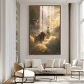 Quadro Decorativo Jesus e Leão em Harmonia Divina | quadros decorativos para sala | Homem em vestes brancas ao lado de leão majestoso envolvidos em nuvens douradas com raios de luz celestial | Porao dos Quadros