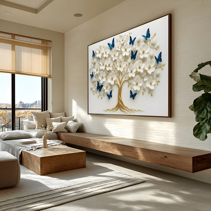 Árvore da vida com tronco dourado, flores brancas em relevo e borboletas azuis, quadro decorativo
