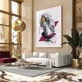 Quadro Busto Dourado - Elegância Clássica Moderna | quadros decorativos para sala | Busto clássico com máscara dourada, triângulos geométricos em bordô e linhas abstratas em composição vertical refinada. | Porao dos Quadros