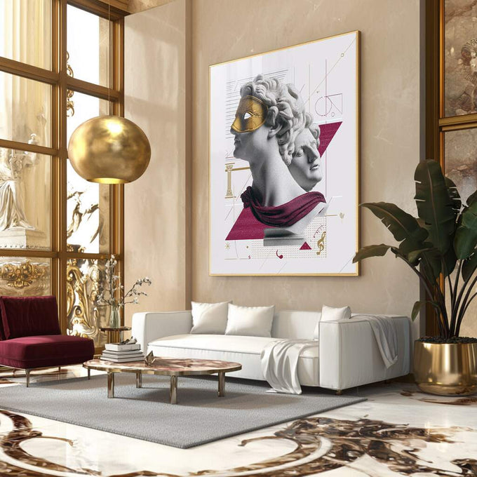 Quadro Busto Dourado - Elegância Clássica Moderna | quadros decorativos para sala | Busto clássico com máscara dourada, triângulos geométricos em bordô e linhas abstratas em composição vertical refinada. | Porao dos Quadros