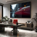 Elegância Automotiva Quadro Decorativo do Carro Esportivo Vermelho | quadros decorativos para sala | Carro vermelho coberto de gotas de chuva com cidade urbana desfocada ao fundo | Porao dos Quadros