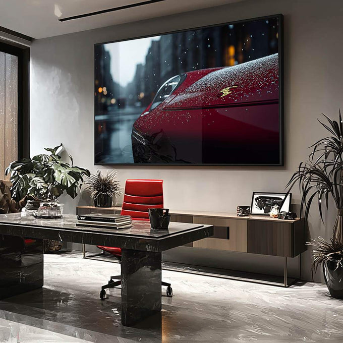 Elegância Automotiva Quadro Decorativo do Carro Esportivo Vermelho | quadros decorativos para sala | Carro vermelho coberto de gotas de chuva com cidade urbana desfocada ao fundo | Porao dos Quadros