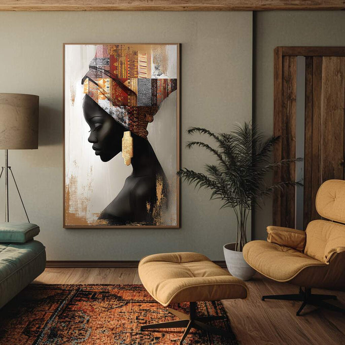 Quadro Decorativo Força e Cultura Feminina | quadros decorativos para sala | Mulher africana em perfil preto com turbante dourado e padrões ornamentados detalhados. | Porao dos Quadros