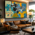 Aves pretas sobre pilha de moedas douradas em grafite azul e amarelo estilo Basquiat, quadro decorativo