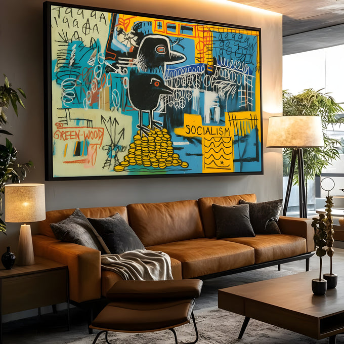 Aves pretas sobre pilha de moedas douradas em grafite azul e amarelo estilo Basquiat, quadro decorativo