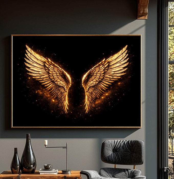 Quadro Decorativo Asas Douradas Elegantes | quadros decorativos para sala | Asas douradas incandescentes em chamas com efeito luminoso sobre fundo preto absoluto | Porao dos Quadros