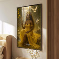 Quadro Decorativo Orixá Oxum: Serenidade e Luz | quadros decorativos para sala | Rainha majestosa em ouro e amarelo com coroa, espelho e pombas brancas em ambiente sagrado dourado. | Porao dos Quadros