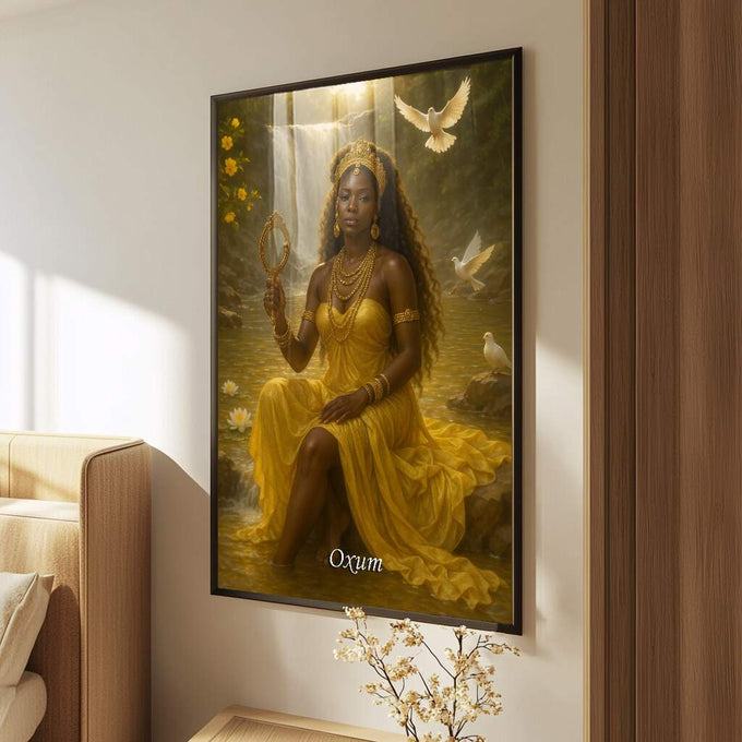 Quadro Decorativo Orixá Oxum: Serenidade e Luz | quadros decorativos para sala | Rainha majestosa em ouro e amarelo com coroa, espelho e pombas brancas em ambiente sagrado dourado. | Porao dos Quadros