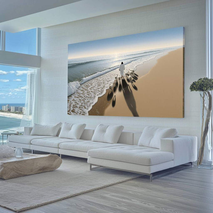 Quadro Decorativo Jesus Harmonia à Beira do Mar | quadros decorativos para sala | Surfista caminhando na praia ao entardecer com sombra alongada e ondas ao fundo | Porao dos Quadros