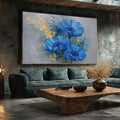 Quadro Decorativo Flores Azuis Elegantes | quadros decorativos para sala | Três gerberas azuis vibrantes com efeito de partículas douradas dispersas em fundo cinzento | Porao dos Quadros