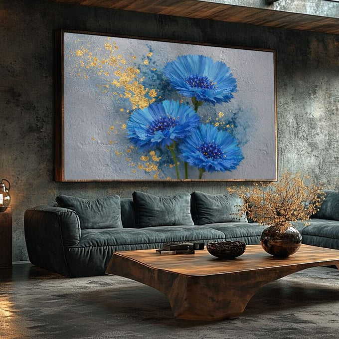 Quadro Decorativo Flores Azuis Elegantes | quadros decorativos para sala | Três gerberas azuis vibrantes com efeito de partículas douradas dispersas em fundo cinzento | Porao dos Quadros