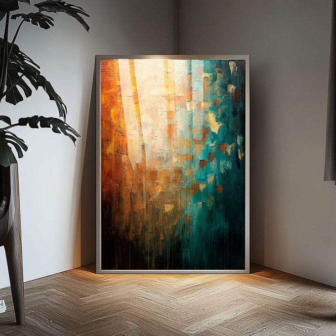 Quadro Decorativo Laranja e Verde Sofisticado | quadros decorativos para sala | Pintura abstrata com degradê de laranja queimado, dourado e verde esmeralda profundo com traços verticais. | Porao dos Quadros