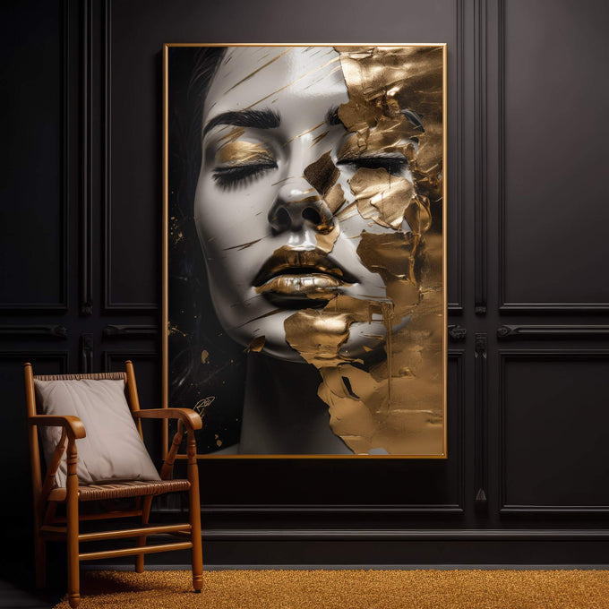 Quadro Decorativo Elegância em Folha de Ouro: Transforme Seu Ambiente | quadros decorativos para sala | Rosto em preto e branco com dourado líquido escorrendo pela face em composição artística. | Porao dos Quadros