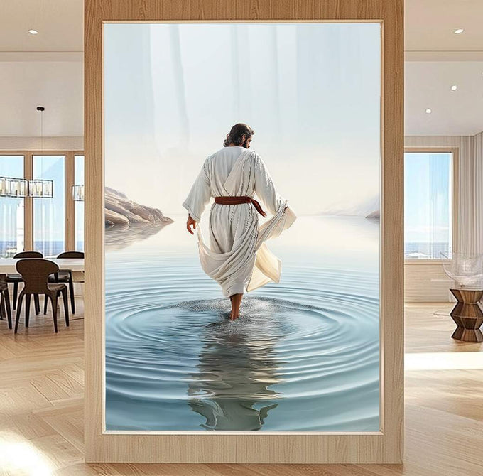 Quadro Decorativo Caminhando sobre as Águas | quadros decorativos para sala | Homem em veste branca caminhando na água em paisagem serena com tons azuis | Porao dos Quadros