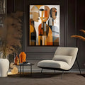Rostos cubistas geométricos em tons laranja, ocre, cinza e preto em pintura abstrata, quadro decorativo