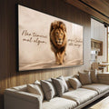 Quadro Decorativo Leão de Coragem e Inspiração | quadros decorativos para sala | Leão majestoso em tons bege caminhando na areia com mensagem inspiradora ao lado | Porao dos Quadros