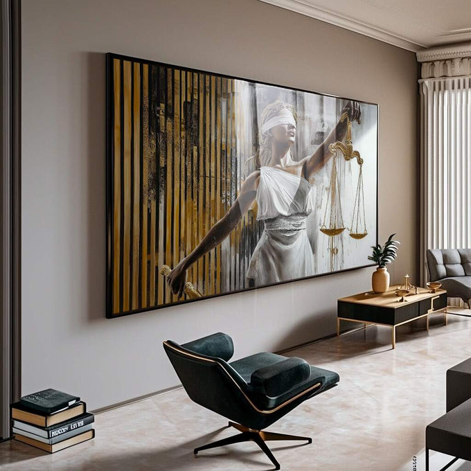 Quadro Decorativo Justiça com Elegância e Força | quadros decorativos para sala | Mulher em branco com balança dourada, listras verticais pretas e douradas, composição elegante e simbólica | Porao dos Quadros