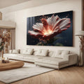 Quadro Decorativo Hibisco Radiante Sofisticado | quadros decorativos para sala | Flor vermelha com pétalas abertas em explosão de luz branca e movimento dinâmico. | Porao dos Quadros