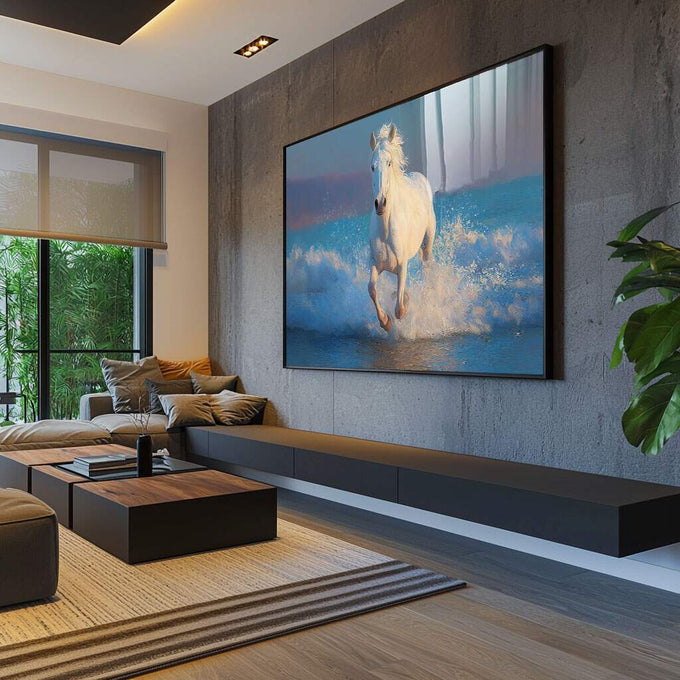 Quadro Decorativo Cavalo Branco em Liberdade | quadros decorativos para sala | Cavalo branco majestoso galopando nas águas com respingos de espuma sob luz azul. | Porao dos Quadros