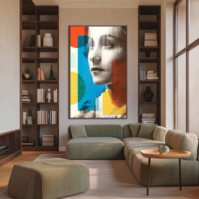 Quadro Decorativo Reflexo Monocromático Vibrante | quadros decorativos para sala | Rosto feminino em cinza com formas geométricas em azul, laranja e amarelo vibrantes em composição moderna. | Porao dos Quadros