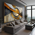 Quadro Abstrato Luxuoso com Dourado e Preto | quadros decorativos para sala | Composição abstrata geométrica em dourado, preto e bege com formas circulares entrelaçadas e pinceladas dinâmicas | Porao dos Quadros