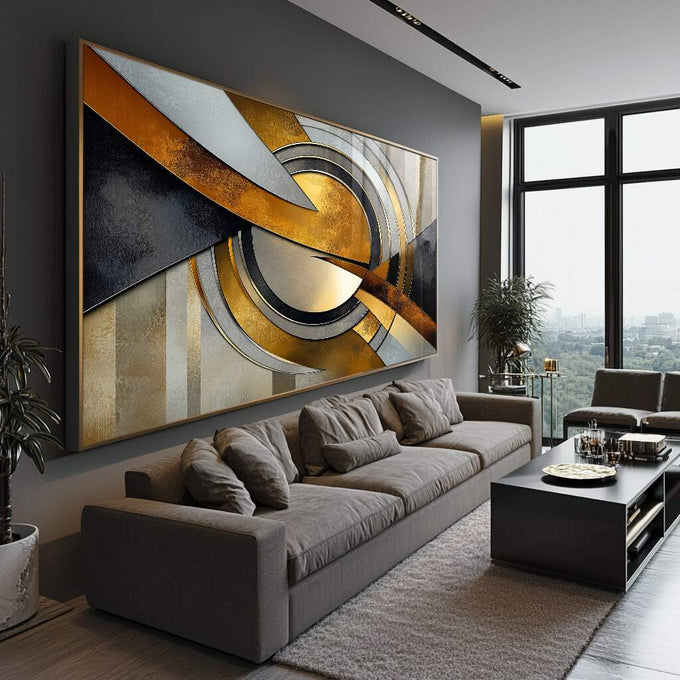 Quadro Abstrato Luxuoso com Dourado e Preto | quadros decorativos para sala | Composição abstrata geométrica em dourado, preto e bege com formas circulares entrelaçadas e pinceladas dinâmicas | Porao dos Quadros