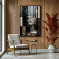 Quadro Decorativo Sofisticação Feminina | quadros decorativos para sala | Rosto feminino em preto e branco com linhas geométricas em ouro, composição abstrata sofisticada | Porao dos Quadros