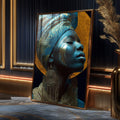 Quadro Decorativo Elegância Azul Feminino Abstrato | quadros decorativos para sala | Rainha egípcia em perfil com tocado dourado, rosto azul vibrante e adornos metálicos em composição majestosa. | Porao dos Quadros