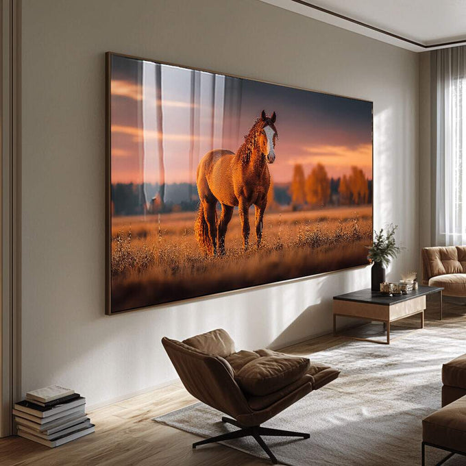 Quadro Decorativo Cavalo em Campo Sereno | quadros decorativos para sala | Cavalo dourado em pé em campo aberto ao pôr do sol com céu coral e laranja queimado ao fundo. | Porao dos Quadros