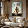 Quadro Decorativo Espiritualidade e Acolhimento | quadros decorativos para sala | Figura espiritual estendendo mão para criança em cenário árido com céu nublado, tons terrosos | Porao dos Quadros