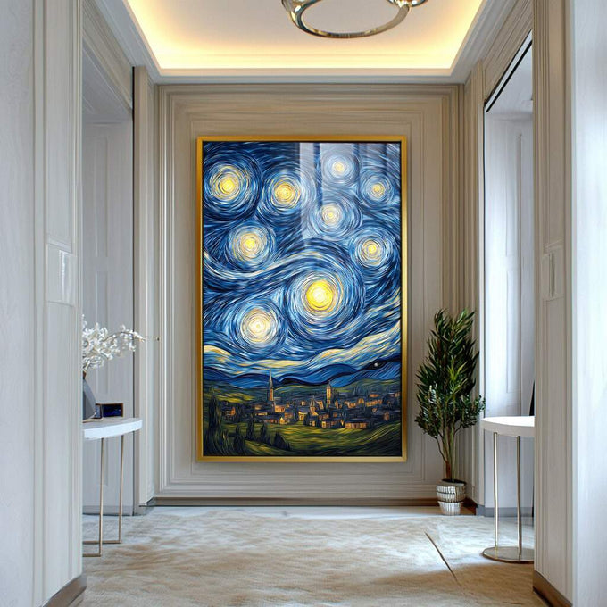 Quadro Decorativo Noite Estrelada Magia Celestial | quadros decorativos para sala | Noite estrelada com céu azul profundo e amarelo luminoso acima de cidade iluminada | Porao dos Quadros