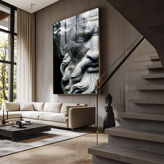 Quadro Decorativo de Sabedoria Eterna | quadros decorativos para sala | Busto de estátua clássica em preto e branco com detalhes cinzentos e expressão serena | Porao dos Quadros