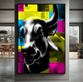 Quadro Decorativo Boêmio da Força | quadros decorativos para sala | Touro em preto e branco com padrões geométricos amarelos, azuis e rosa neon em estilo pop art | Porao dos Quadros
