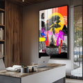 Quadro Decorativo Bonsai Energizante | quadros decorativos para sala | Busto em cinza com fundo colorido laranja amarelo magenta e padrões geométricos abstratos | Porao dos Quadros