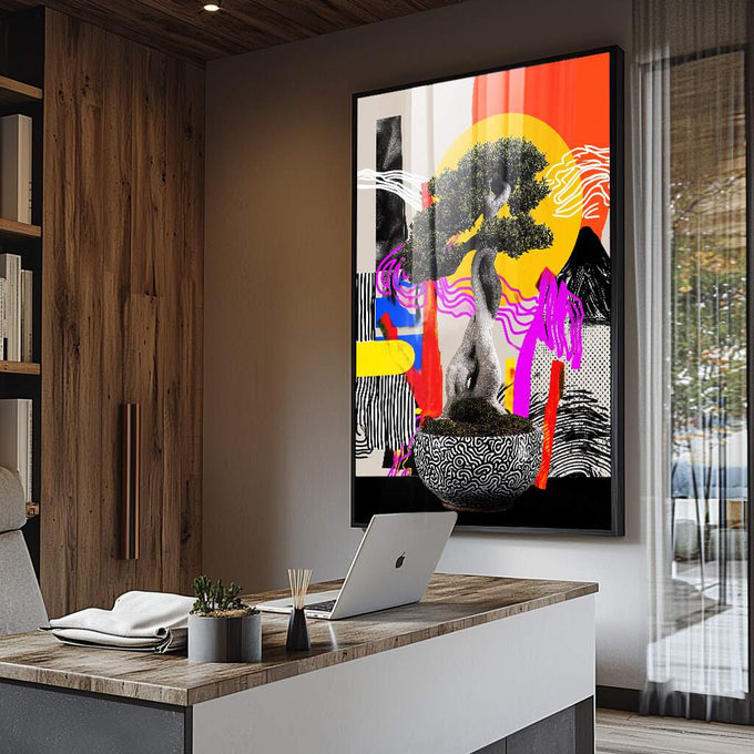 Quadro Decorativo Bonsai Energizante | quadros decorativos para sala | Busto em cinza com fundo colorido laranja amarelo magenta e padrões geométricos abstratos | Porao dos Quadros