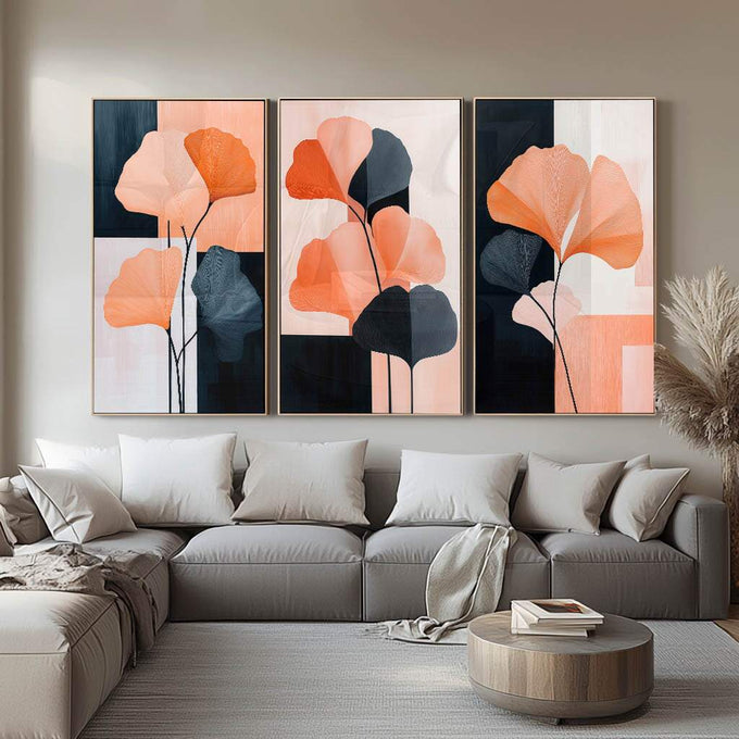 Quadro Decorativo Vibrante Trio de Flores Abstratas | quadros decorativos para sala | Três telas com flores abstratas em laranja e azul sobre blocos geométricos em composição minimalista | Porao dos Quadros